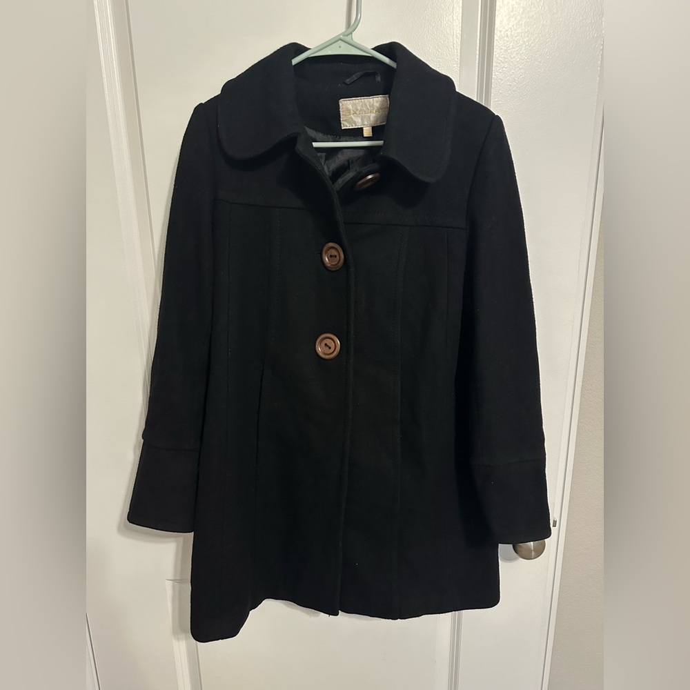 Gallery Black Pea Coat with Brown Buttons